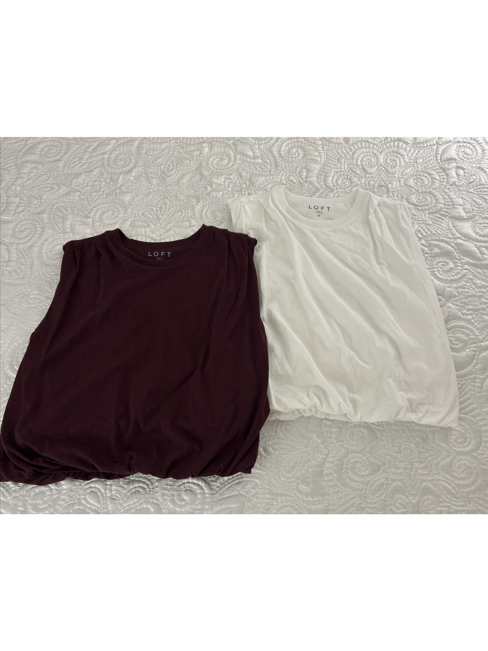 Lot of 2-LOFT Blouse Top Women's M White & Burgundy Bubble Hem Sleeveless